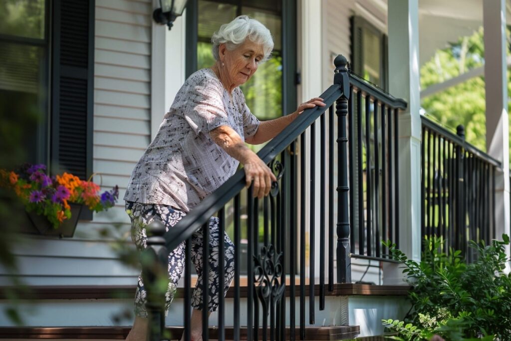 elderly woman climbing stairs and gripping railing