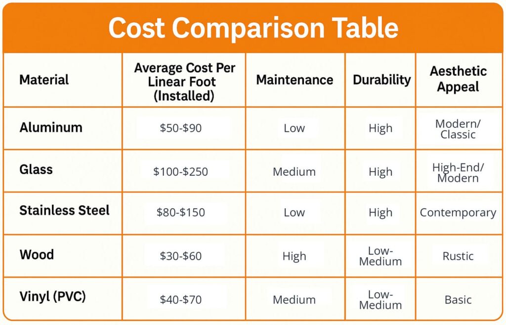 cost of railings comparison table