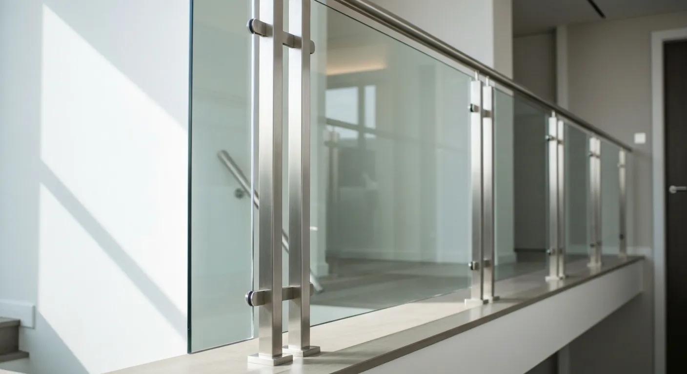 Post-mounted glass railings featuring stainless steel posts and clear panels in a stylish interior setting