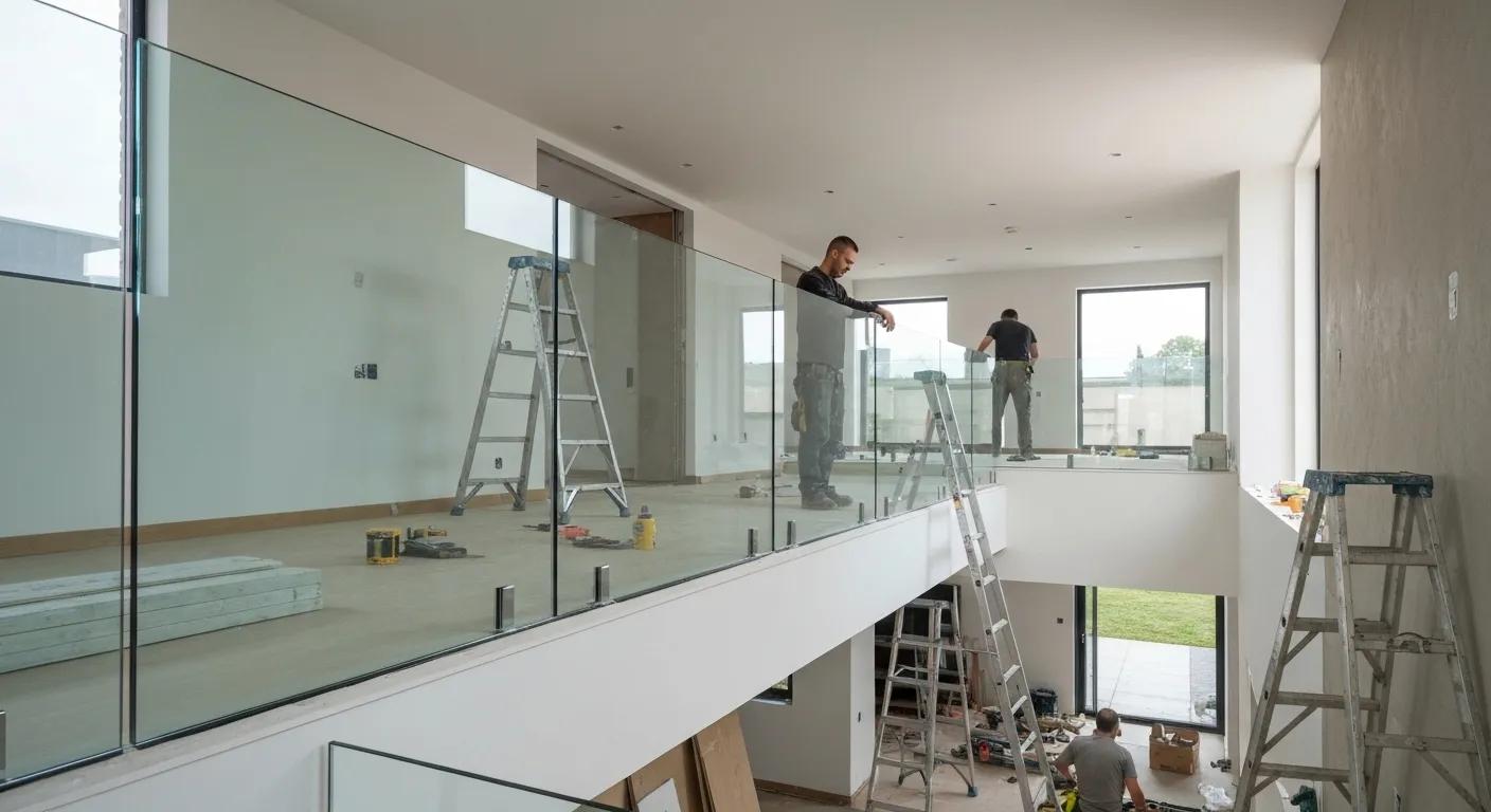 Construction site showing glass railing installation inside a home
