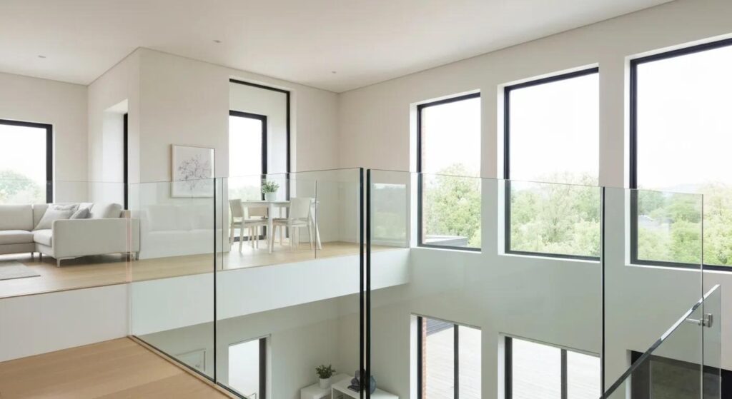 f2fb1c1c-2f44-4bb2-a419-40602c417054.webp Elegant indoor glass railings in a bright modern home interior, showcasing transparency and aesthetic appeal