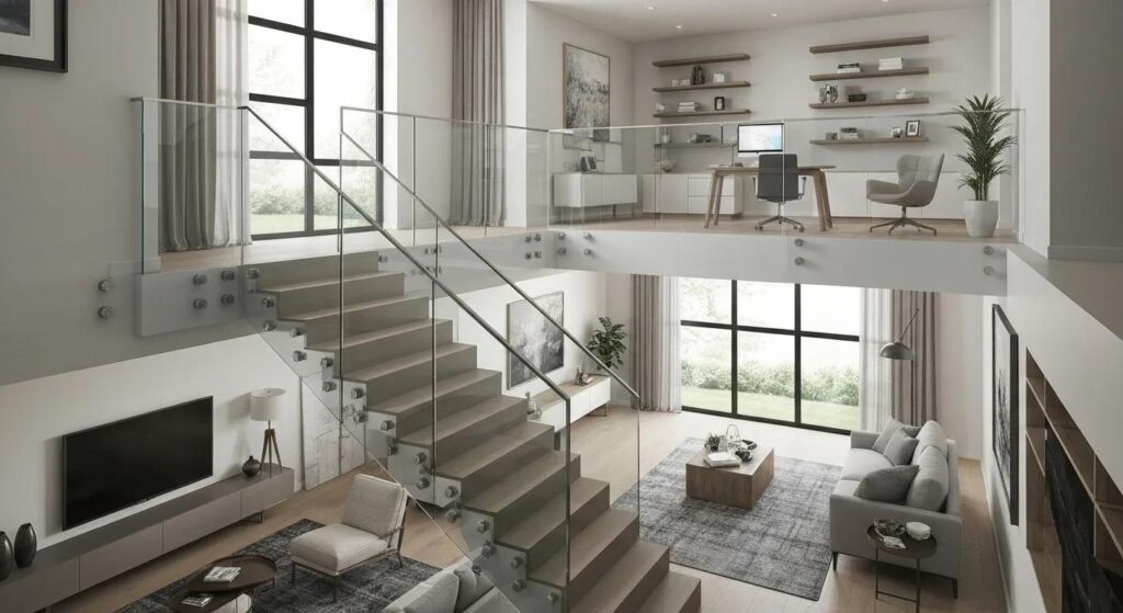 Frameless and framed glass railings in a modern indoor setting, showcasing design differences