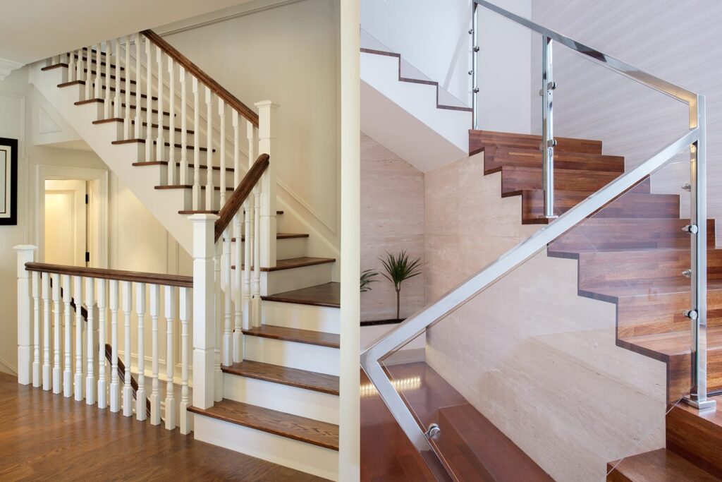 indoor glass railings vs wood railings comparison