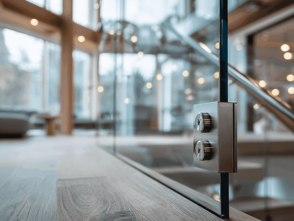Low-profile hardware detail on an indoor glass stair railing showing base shoe and side-mount mounting options