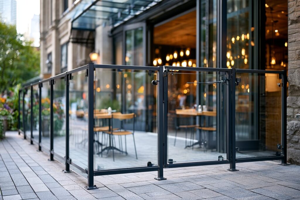 Patio perimeter barrier defining a licensed area where AGCO rules require alcohol service to be contained