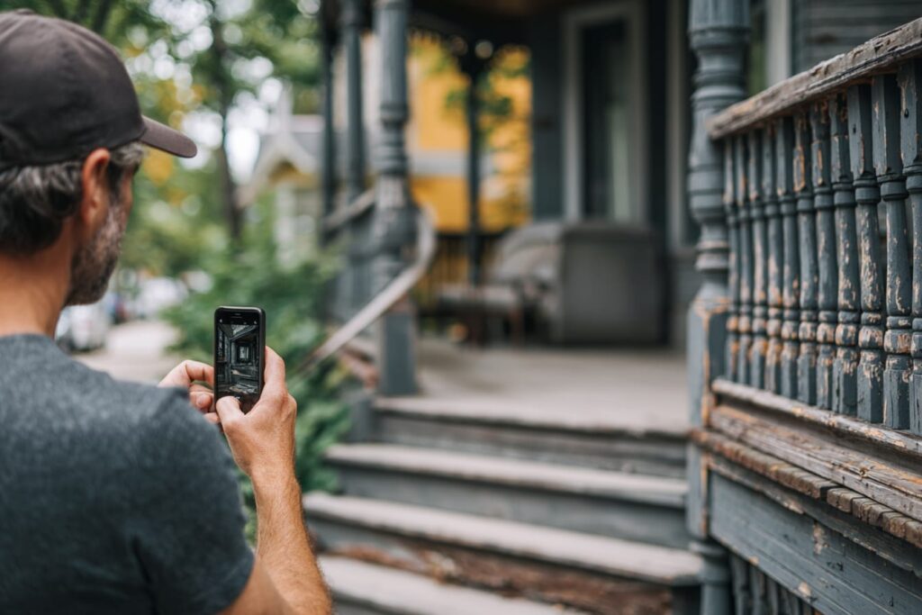 Documenting a porch railing's existing condition, part of what the City wants in a heritage submission
