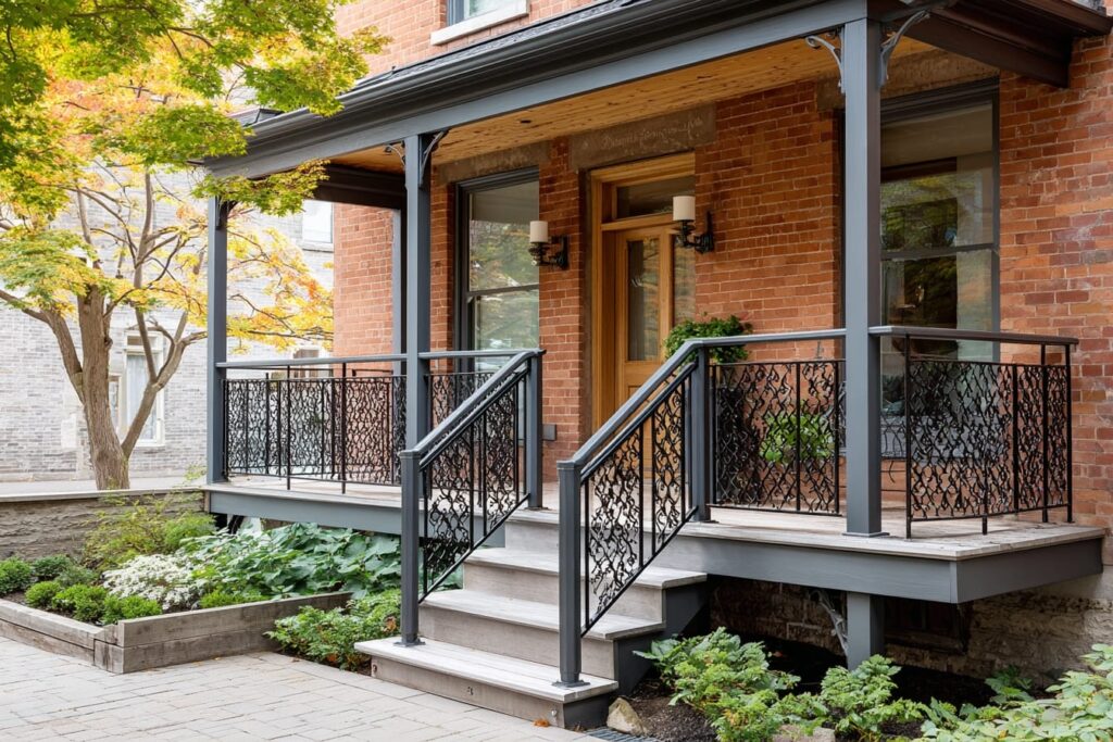 A beautifully restored heritage front porch with aluminum railings