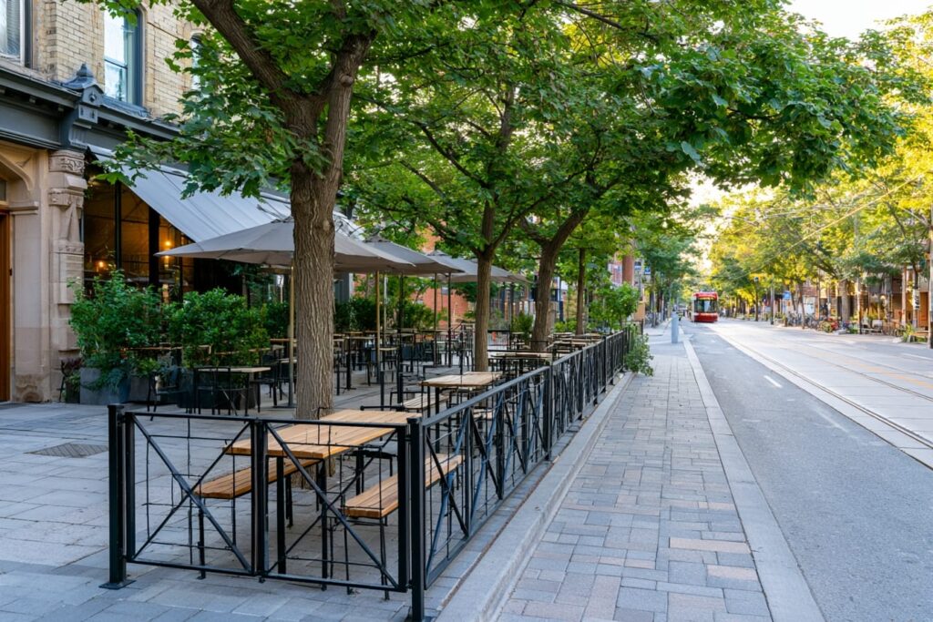 Toronto CafeTO curb lane patio with required barriers and railings on a downtown street
