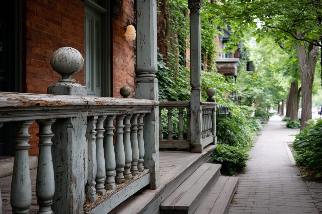A heritage Toronto front porch with a traditional wood railing, the focus of heritage railing permit rules