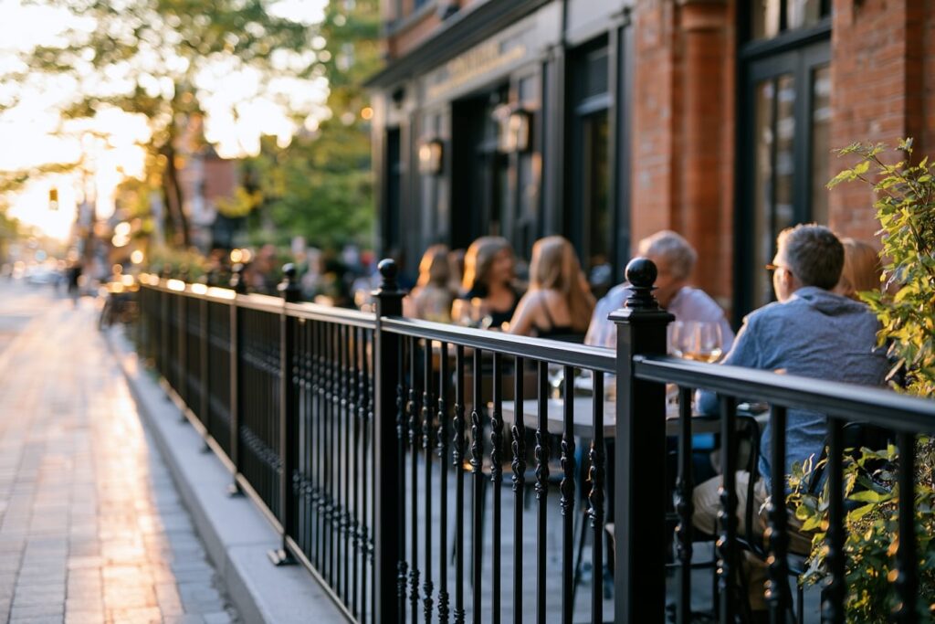 Toronto restaurant patio with perimeter railing serving alcohol under AGCO licensing