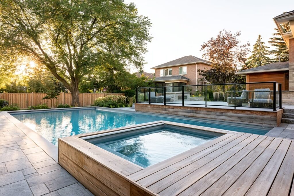 Elevated spa beside an inground pool with a compliant guardrail on the raised deck in an Ontario residential backyard