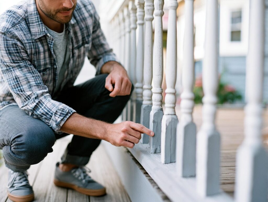 Homeowner crouching on a front porch to check blistered paint where the railing pickets meet the bottom rail.