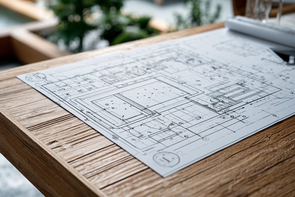 Detailed site plan showing pool spa railing and gate positions before fabrication begins