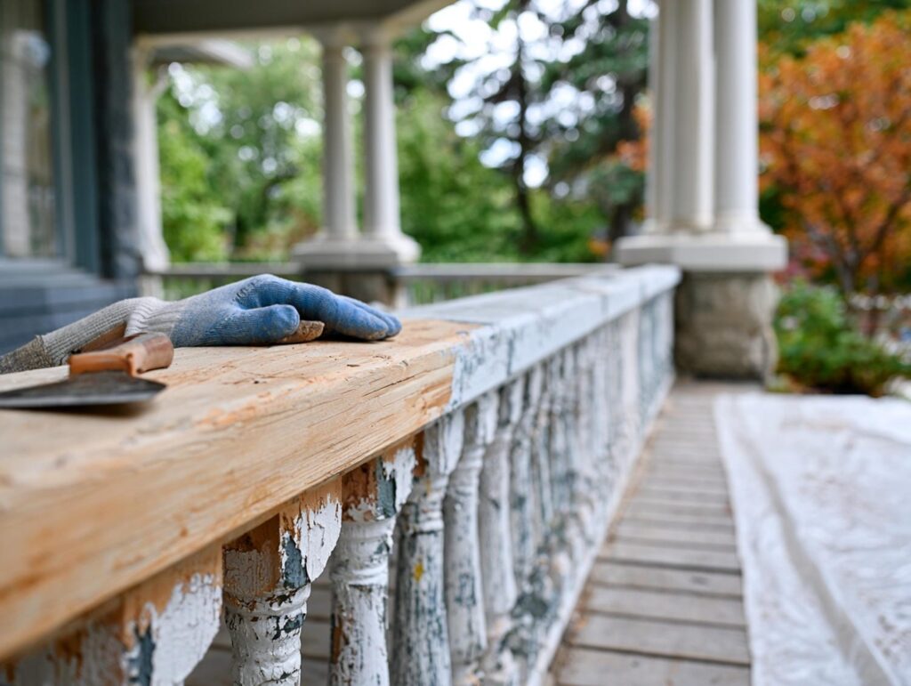 Porch railing section stripped back to bare wood beside sections still carrying worn paint.