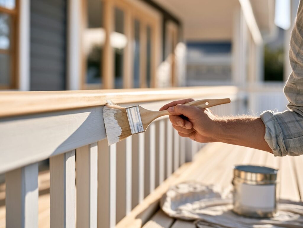 Painter brushing primer onto a clean sanded wood porch railing on a dry sunny day.