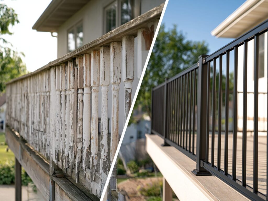Side-by-side comparison of an old wooden deck railing with peeling paint and a new black aluminum railing