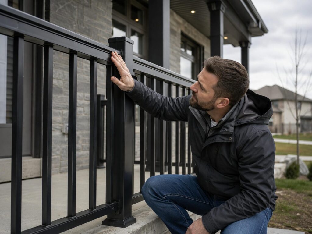 Homeowner crouched beside a black aluminum porch railing in the Greater Toronto Area, checking the powder coated finish by hand