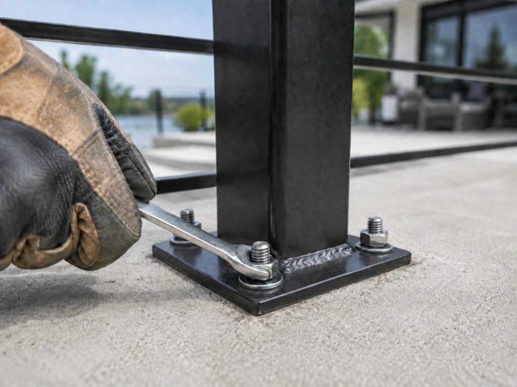 Gloved hands using a wrench to tighten a metal railing post base plate anchored to a concrete patio deck