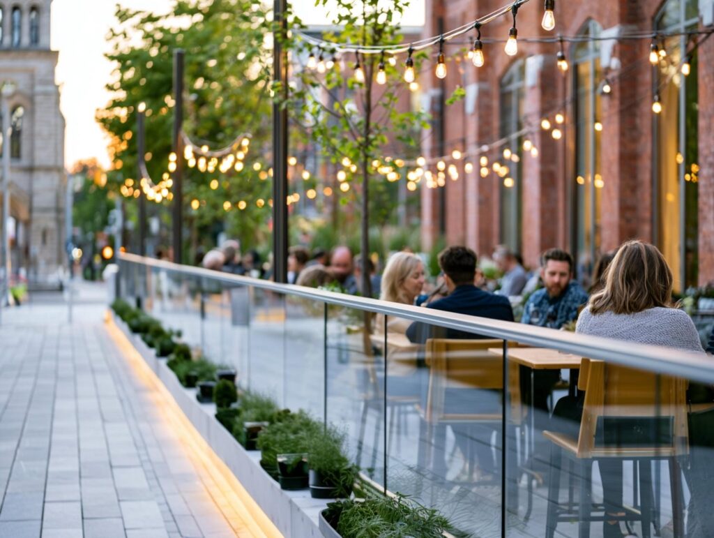 Diners seated along a metal-and-glass guardrail on a restaurant patio in the Greater Toronto Area at dusk