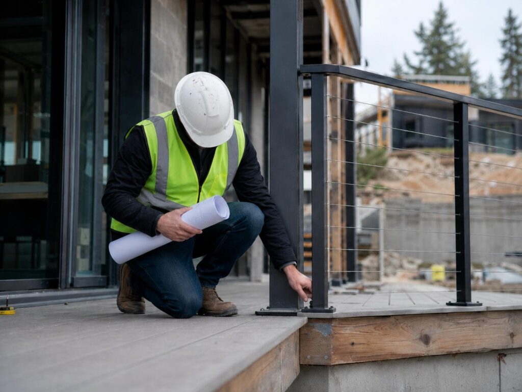 Engineer in a hi-vis vest reviewing rolled construction drawings beside a metal patio railing on a GTA job site