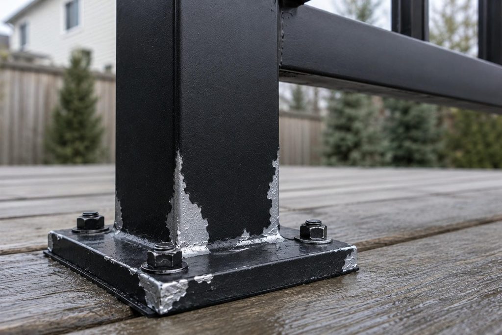 Dark powder coating flaking away at the bolted base of an aluminum railing post on a backyard deck