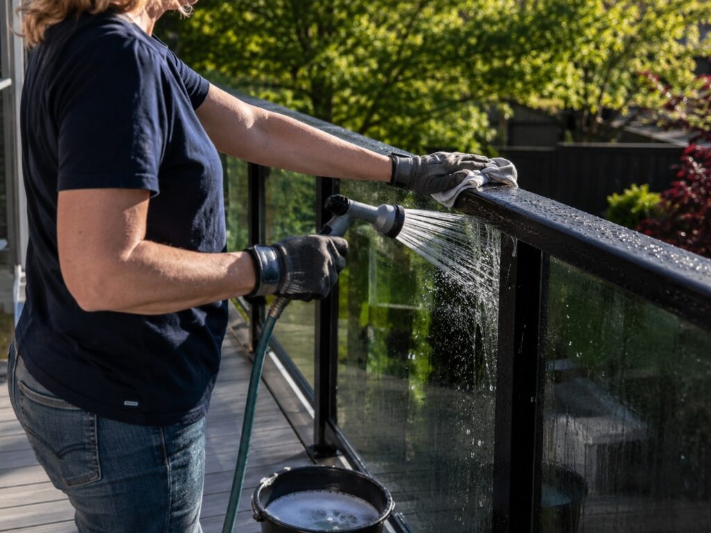 Person washing a dark aluminum deck railing with a hose, soft cloth and a bucket of soapy water in spring