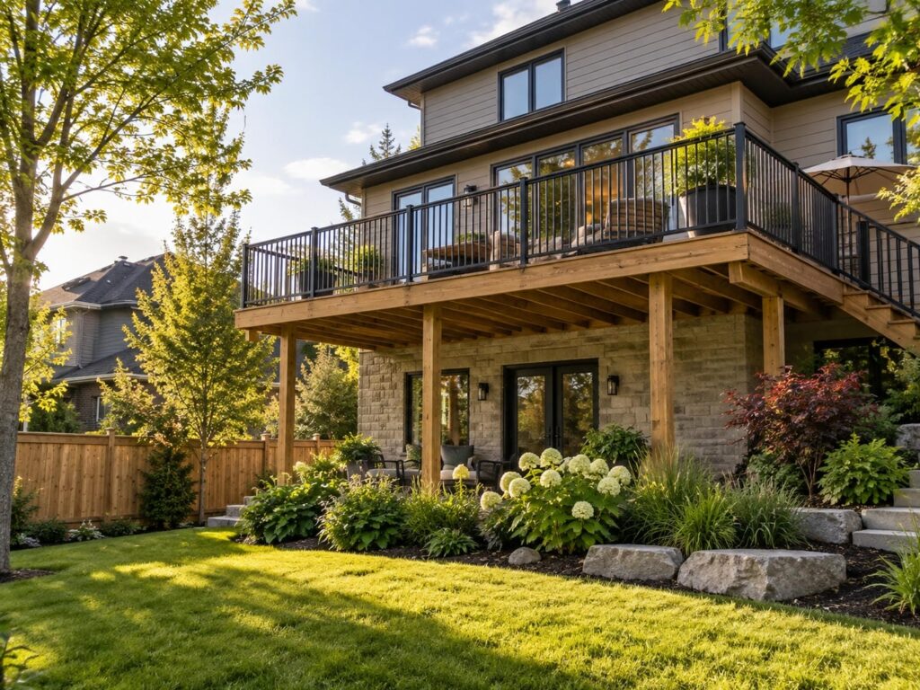 Black aluminum guard running along the edge of a second-storey deck on a suburban Ontario home, with the yard well below.