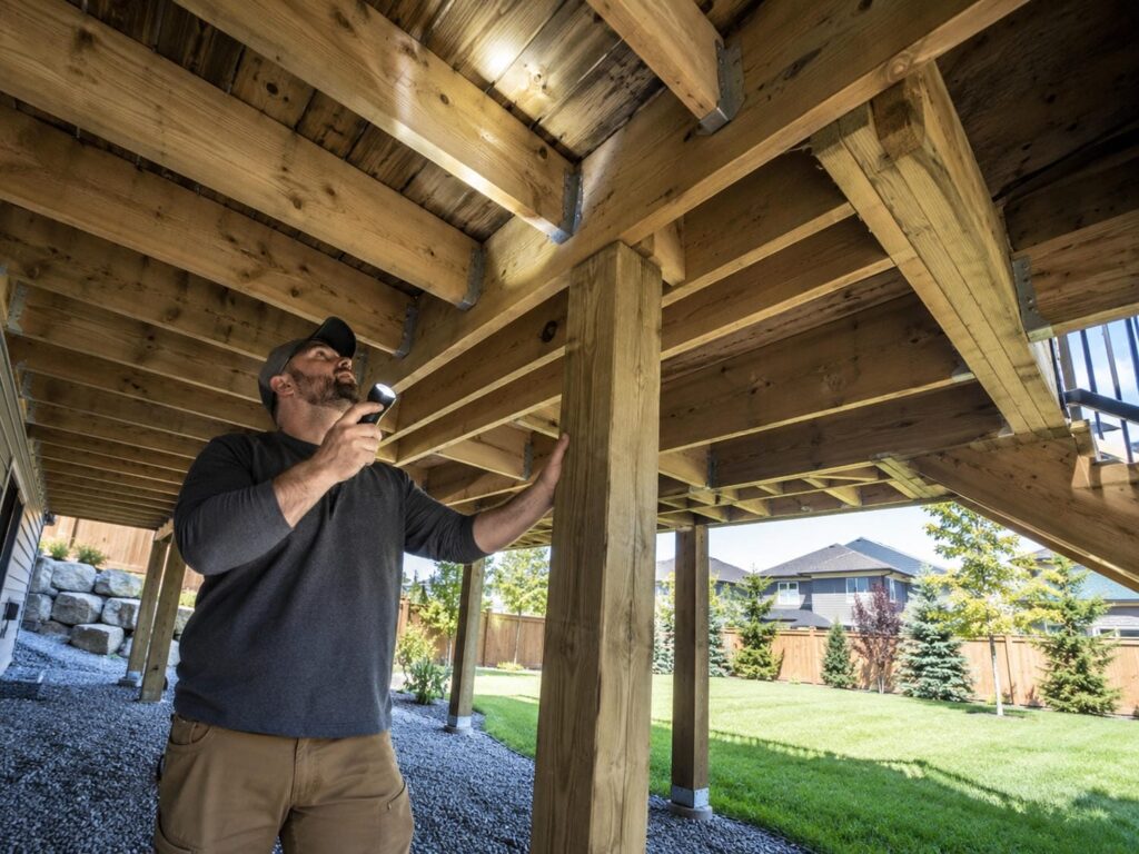 Contractor under a raised deck looking up at the wood framing and posts that carry the guard above.