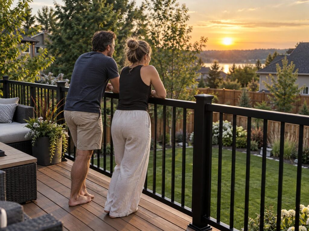 Two homeowners leaning on the top rail of a black aluminum guard on a raised backyard deck.