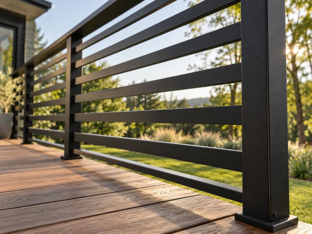Close view of the horizontal slats and lower rail on a matte black aluminum deck guard.