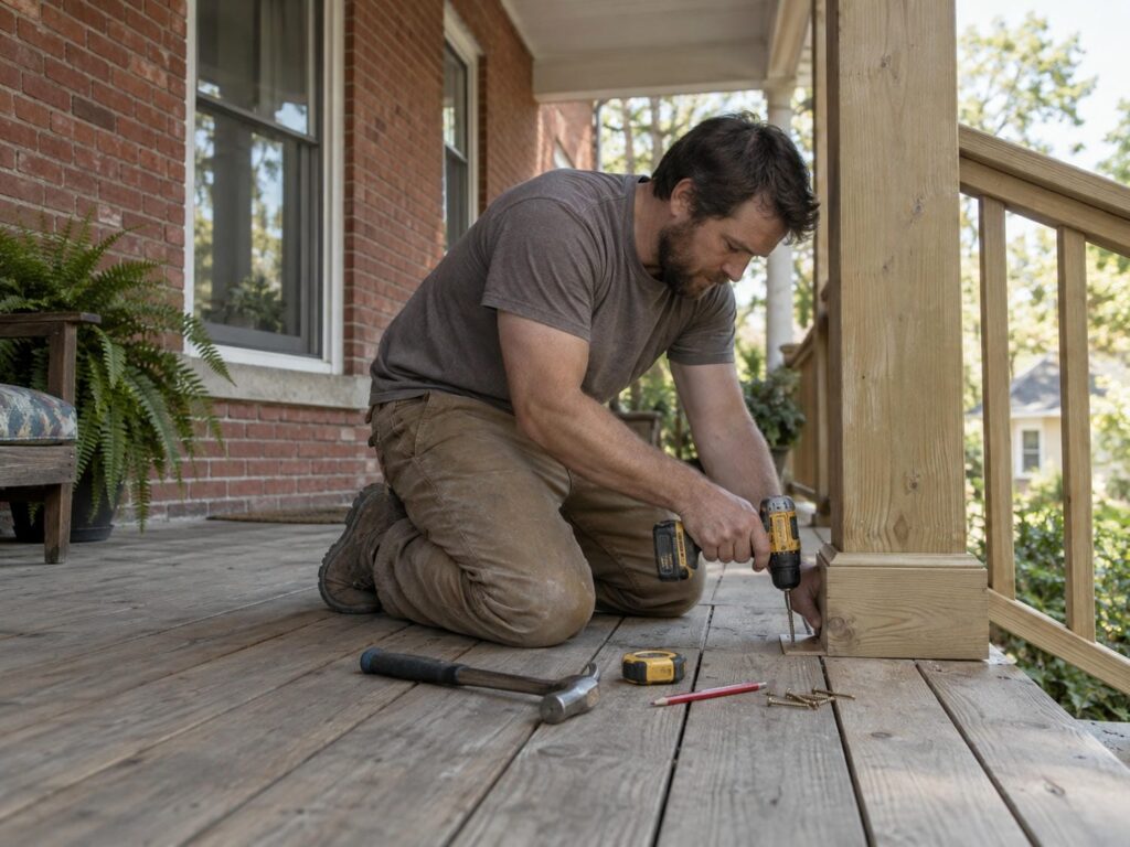 Carpenter fastening the base of a wooden porch railing post at the deck edge of an older home