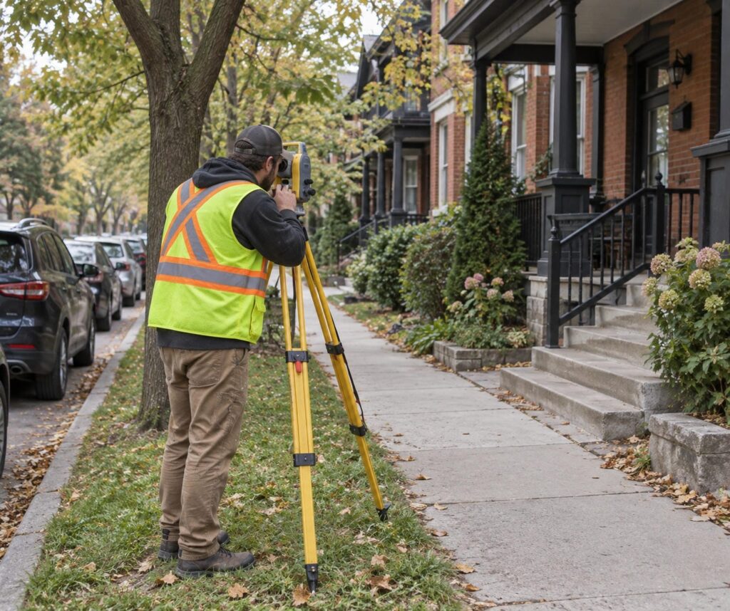 Land surveyor setting up survey equipment on the city boulevard in front of an older brick home