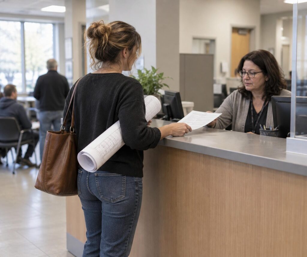 Homeowner holding rolled drawings at a municipal building permit counter in Toronto