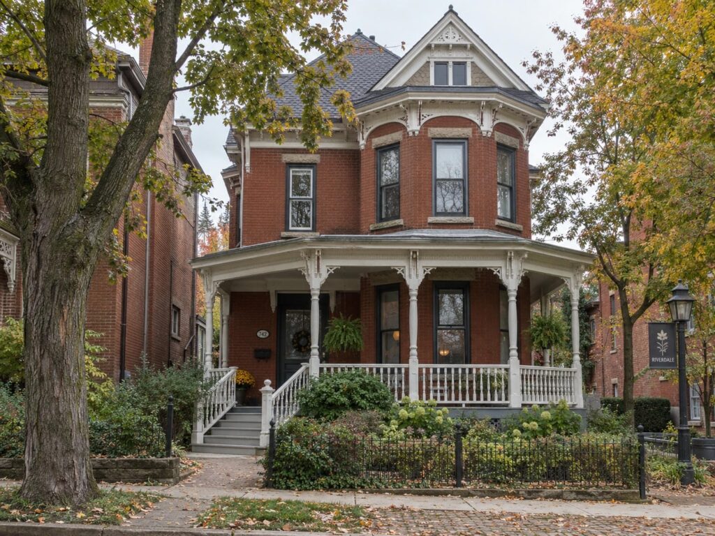 Red brick Victorian house in Toronto with a narrow wraparound covered porch and painted wood railings
