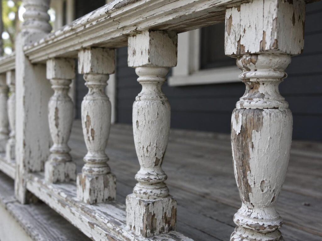 Original turned wood balusters and moulded top rail on a Victorian porch with chipped white paint
