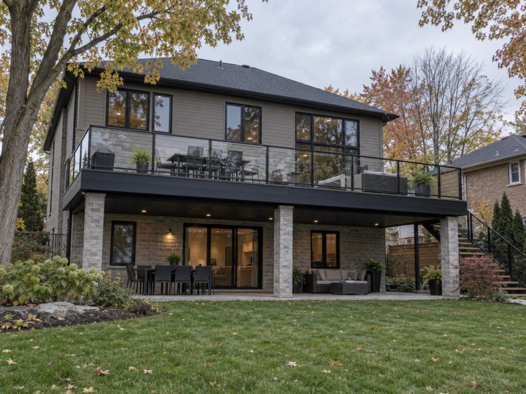 Code-compliant aluminum and glass deck railing on the back of a two-storey home in the Greater Toronto Area