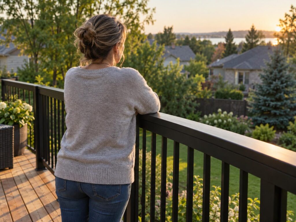 Homeowner resting her forearms on a tall aluminum exterior guard that reaches mid-chest on a raised backyard deck in Ontario