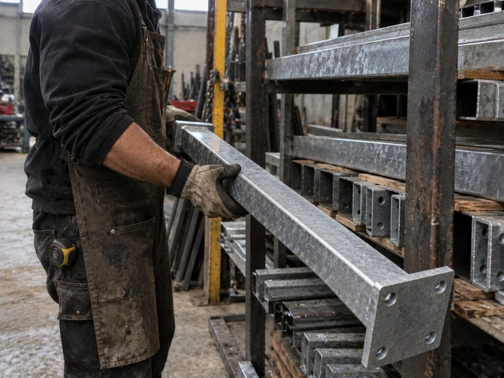 Fabrication shop worker lifting a length of freshly galvanized steel tube from a rack of bar and tube, the zinc surface bright matte silver