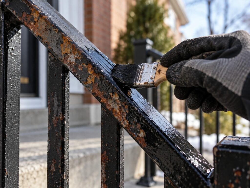 Gloved hand brushing fresh black paint over a rust streaked steel railing where the old finish is still flaking away