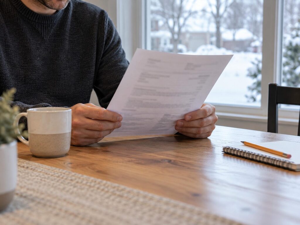 Homeowner at a kitchen table holding a printed railing quote, with winter daylight coming through a snow covered window behind
