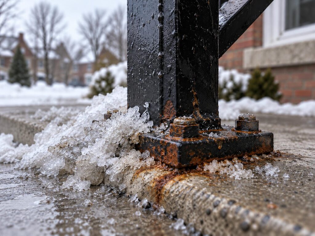 Rust bleeding from the base plate and bolt heads of a steel railing post, with salted slush banked against the concrete around it