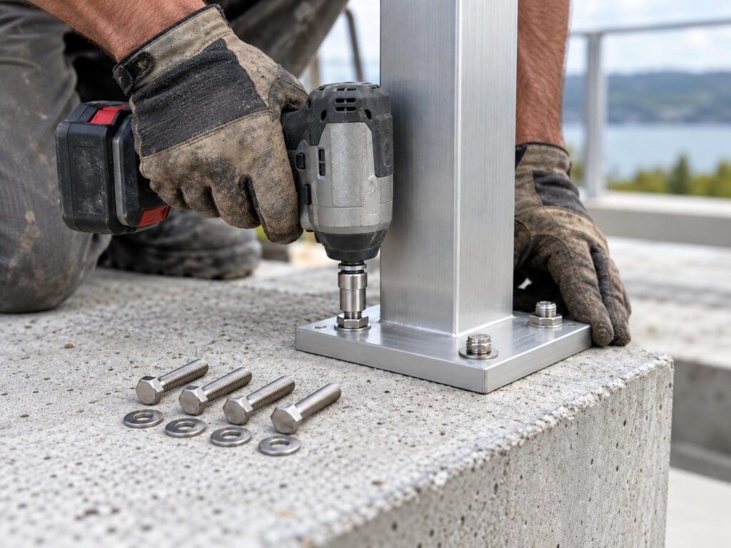 Installer's gloved hands fastening an aluminum railing post base plate to a concrete deck edge, with spare stainless bolts laid out beside it