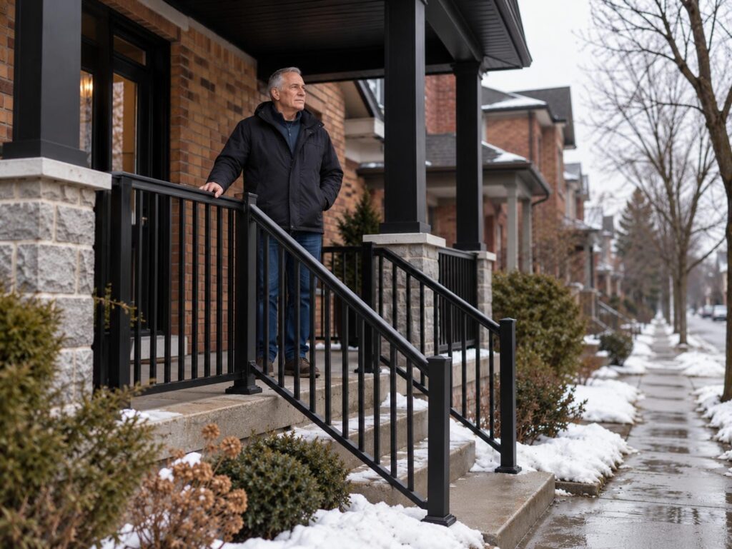 Homeowner in a winter coat with a hand on the sound aluminum guard of a Toronto front porch on a grey March day