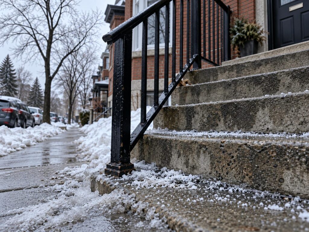 Black steel porch railing beside concrete front steps covered in grey slush and road salt on a Toronto street in late winter