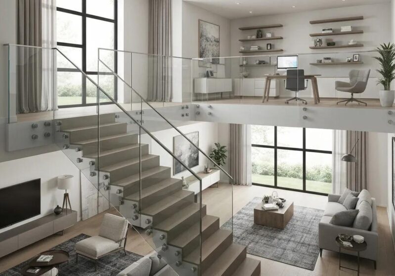 Frameless and framed glass railings in a modern indoor setting, showcasing design differences