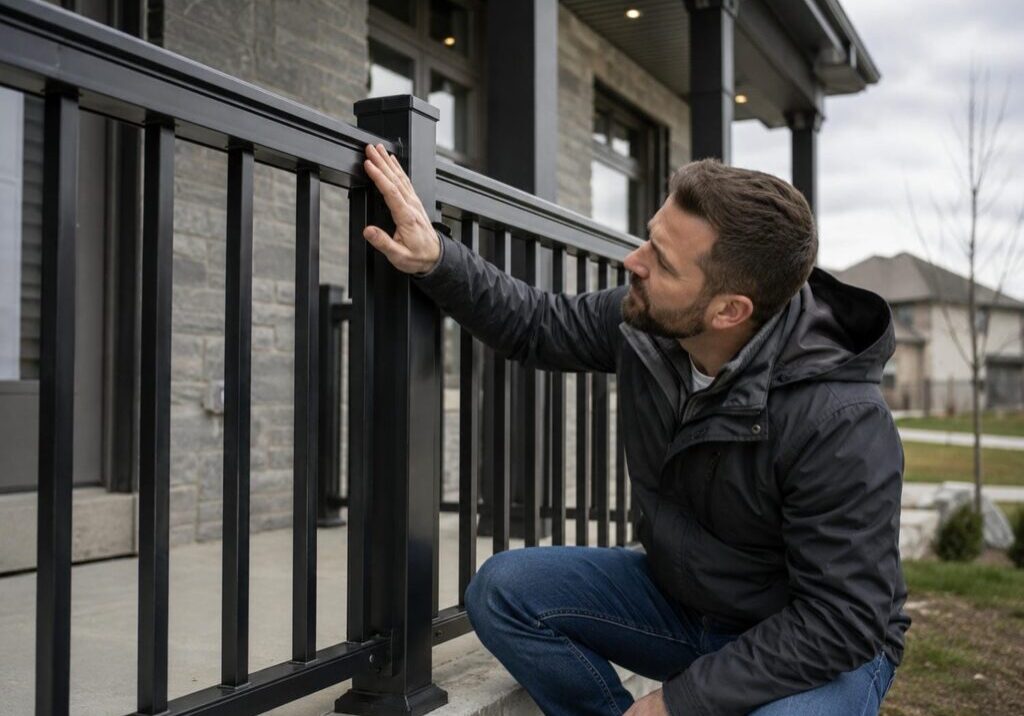 Homeowner crouched beside a black aluminum porch railing in the Greater Toronto Area, checking the powder coated finish by hand