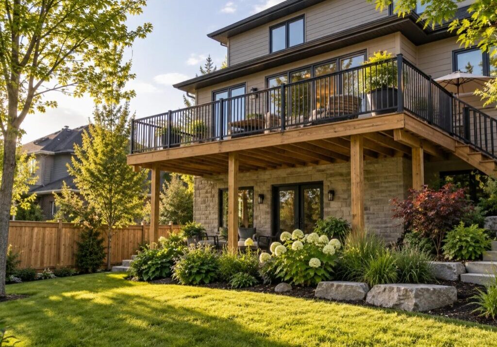 Black aluminum guard running along the edge of a second-storey deck on a suburban Ontario home, with the yard well below.