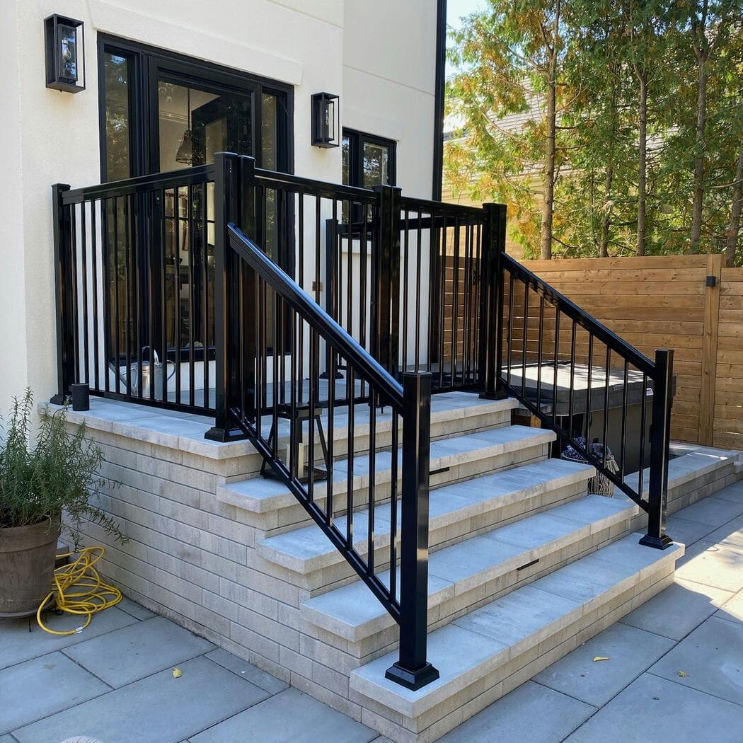 backyard porch fence and gate with railings