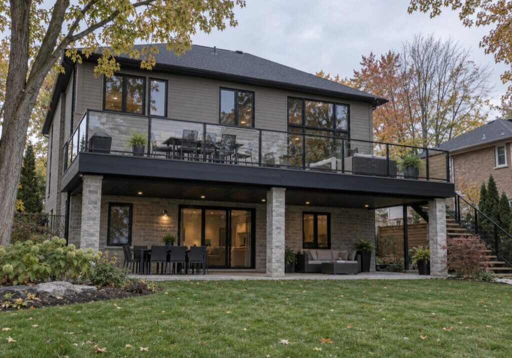 Code-compliant aluminum and glass deck railing on the back of a two-storey home in the Greater Toronto Area