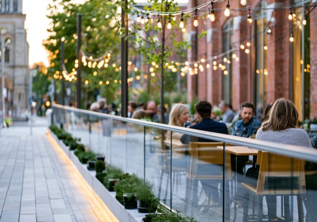 Diners seated along a metal-and-glass guardrail on a restaurant patio in the Greater Toronto Area at dusk